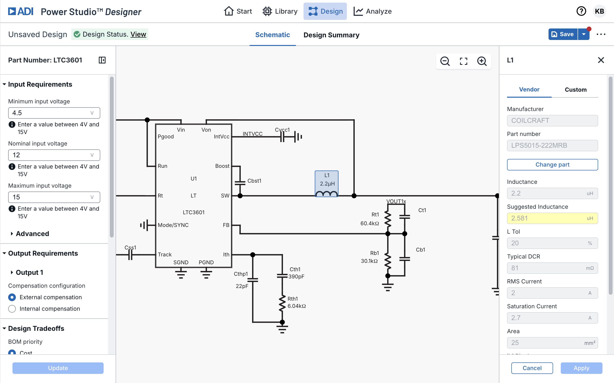 Design tab with component selection panel open on L1